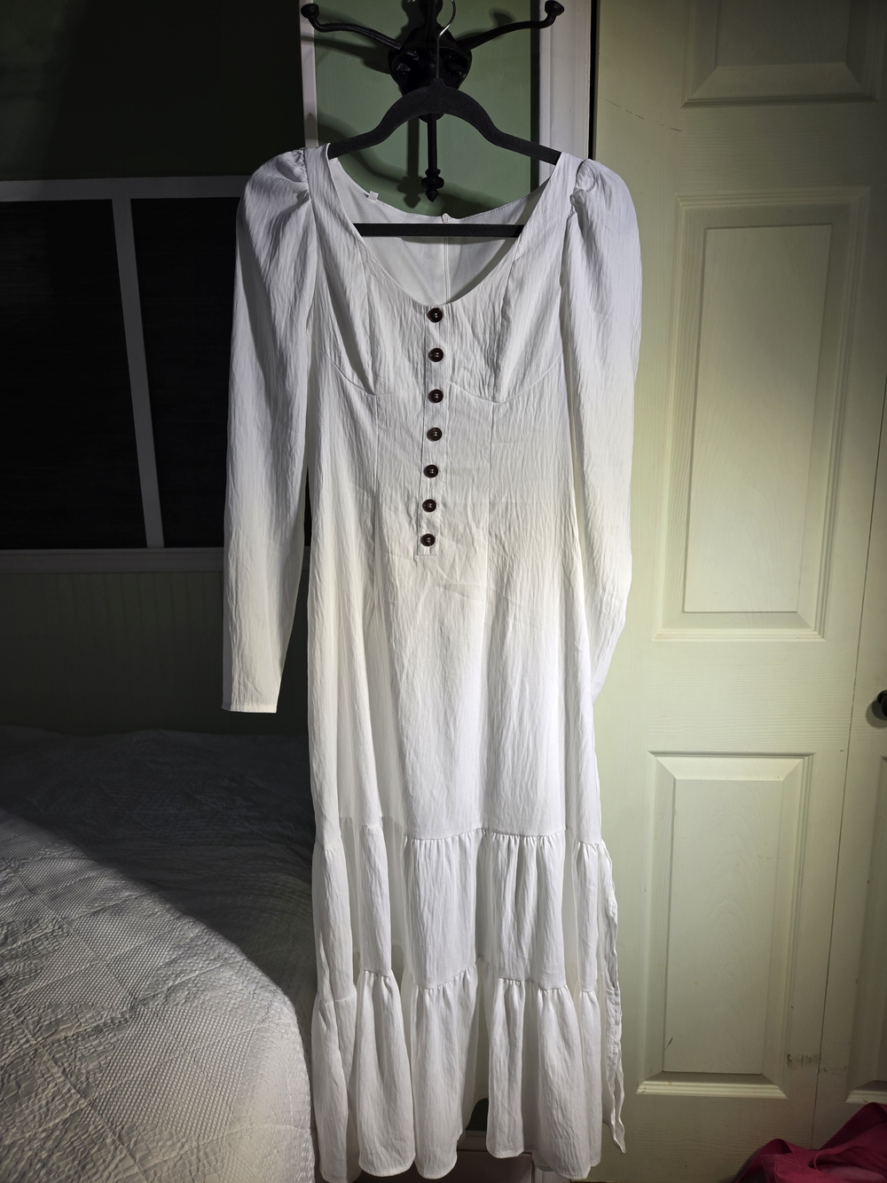 White Long Sleeve Button-Front Maxi Dress